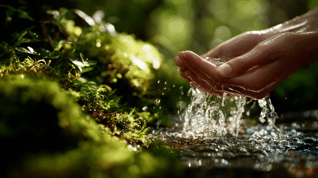 Hände schöpfen klares kaltes Wasser. Verbunden mit der Kraft der Natur.