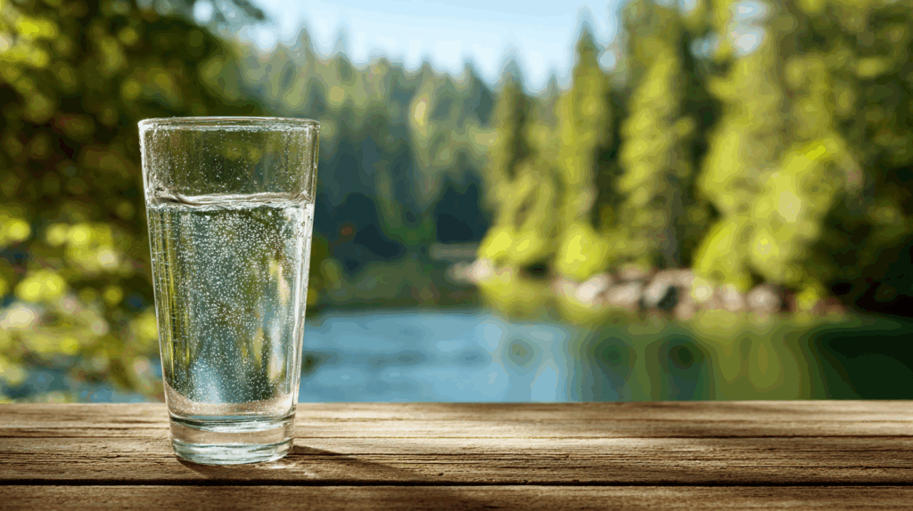 Ein Glas reines Wasser, natürlich trinken mit Aussicht ins Grüne. Wasser für Gesundheit und Wohlbefinden.