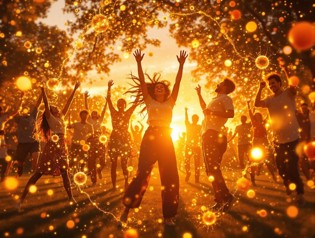 Menschen tanzen mit Freude im Sonnenuntergang, umgeben von goldenen Partikeln – sinnbildlich für Glückshormone und Selbstheilungskräfte. Symbolbild.