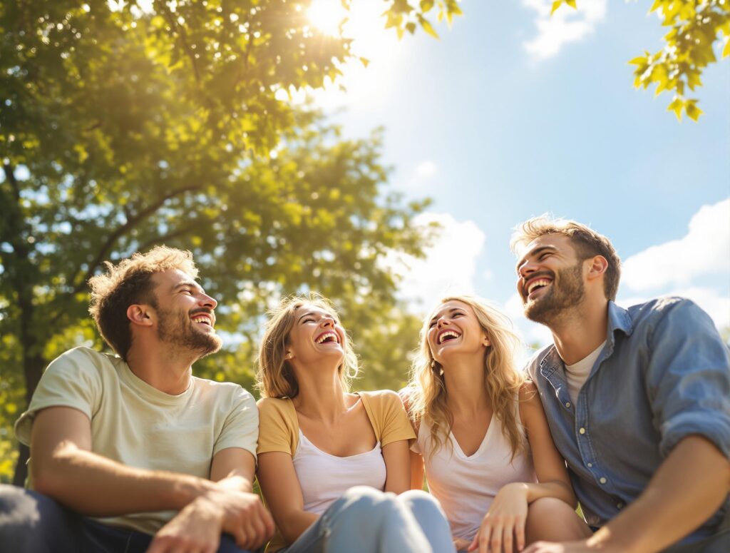 Vagusnerv stimulation für gesundes leben wie diese vier personen es mit lachen im park genießen. symbolbild.