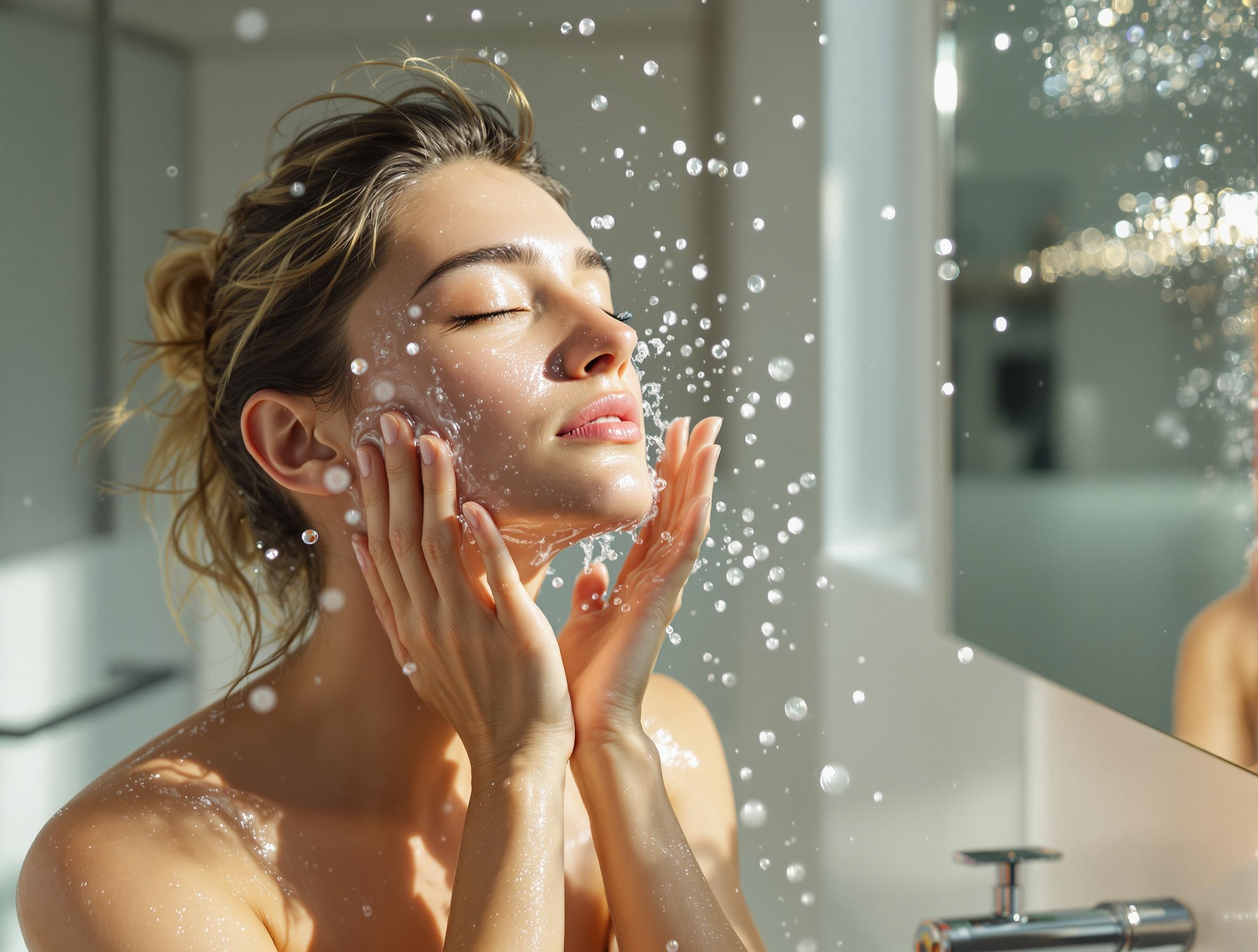 Vagusnerv aktivieren diese junge person spritzt sich dafür kaltes wasser ins gesicht, erfrischend und belebend.