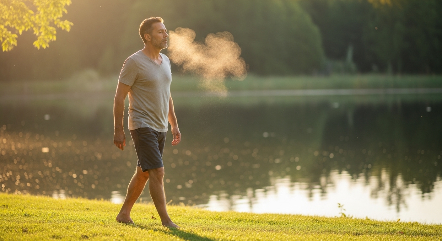 Vagusnerv aktivieren mit ruhig atmen wie dieser sportliche herr draußen im park es macht. symbolbild.