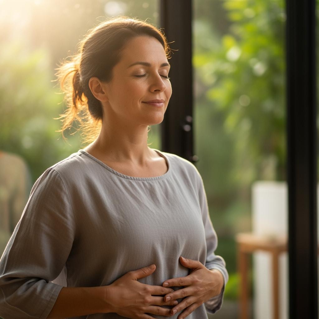 Vagusnerv aktivieren wie diese dame mit ruhiger atmung für weniger stress. symbolbild.
