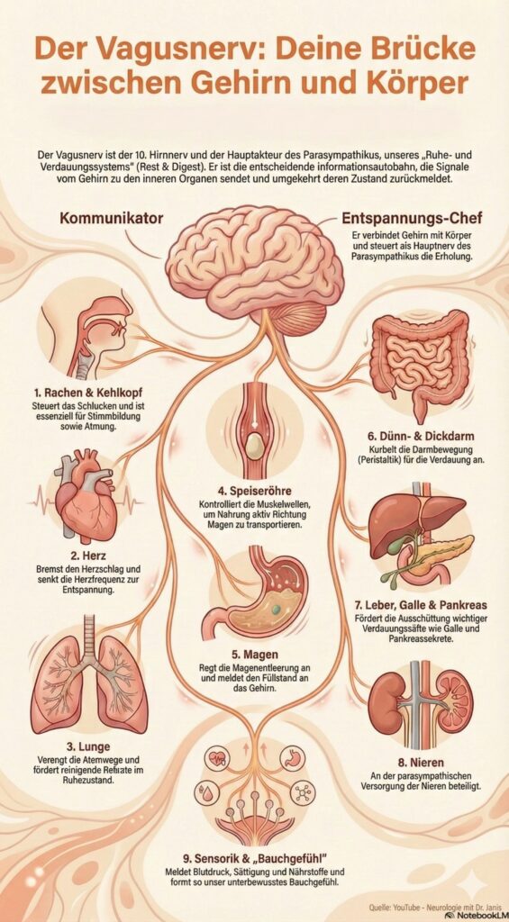 Vagusnerv steuert 9 Organsysteme. Infografik. Google Gemini.