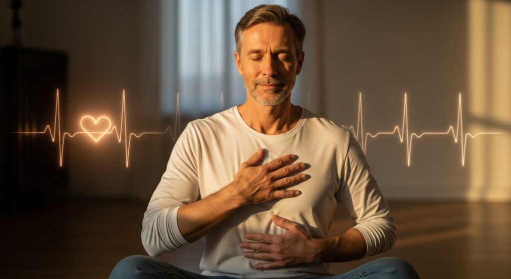 Vagusnverv gesund halten mit herz kohärenz training, wie dieser fitte senior mit atmen. symbolbild.