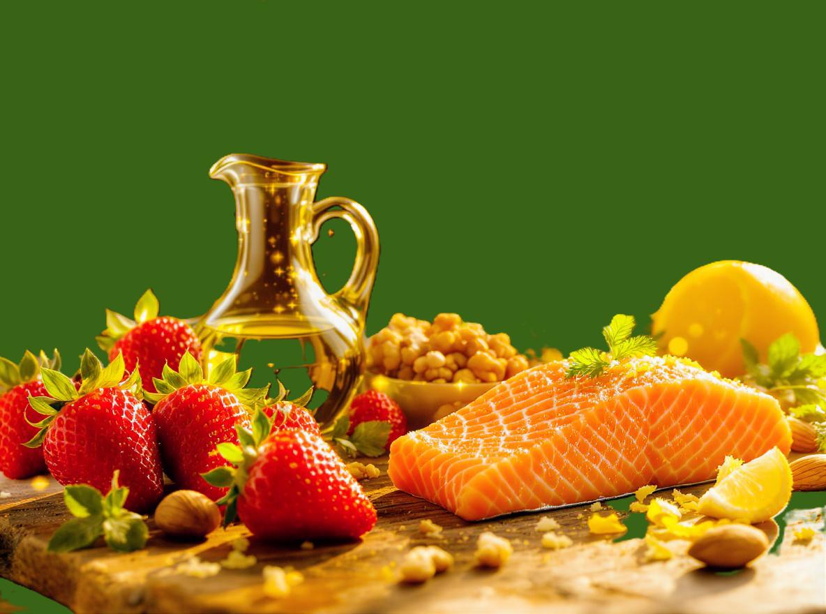 Mittelmeer essen und fisch und beeren. symbolbild.