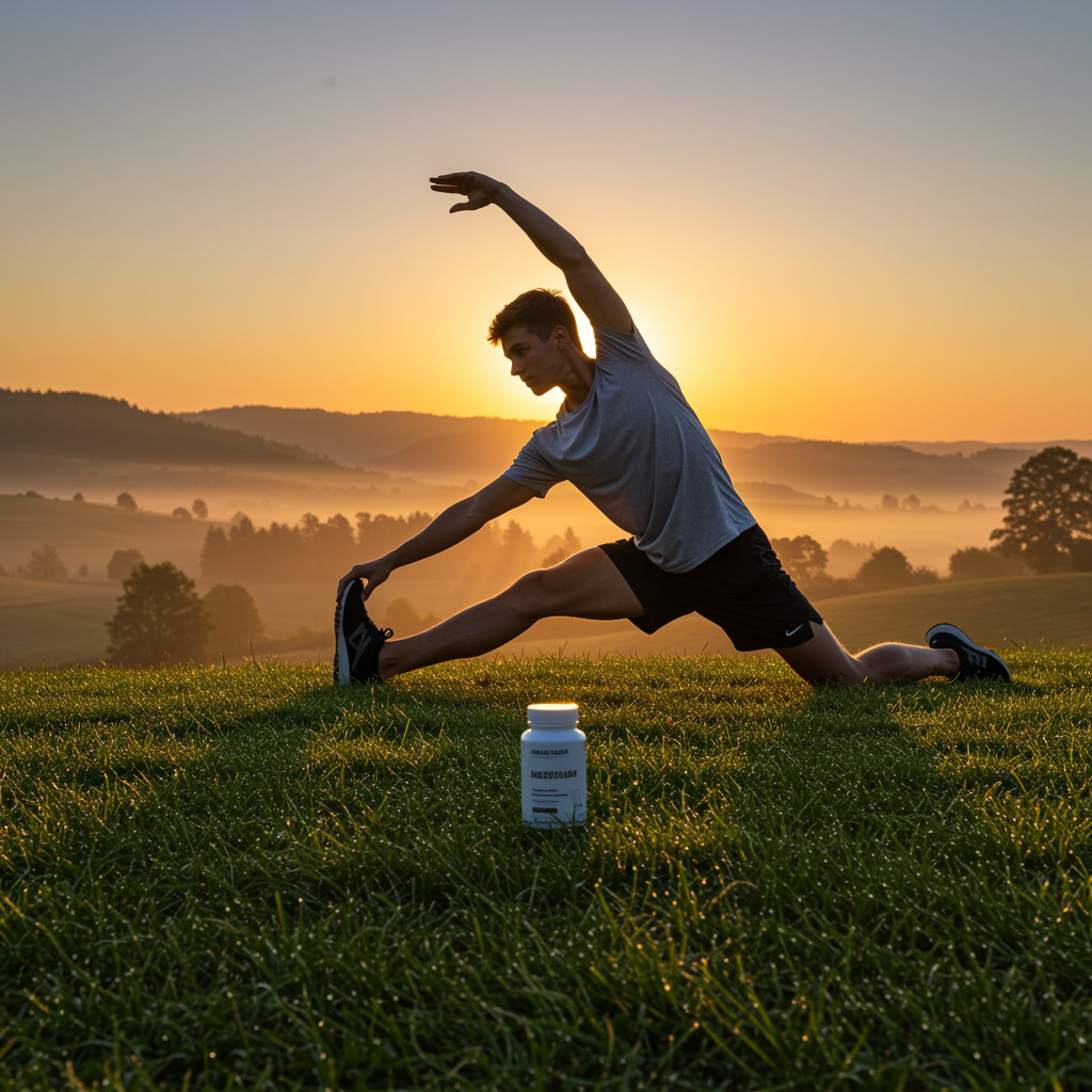 Junger Sportler bei Sonnenaufgang auf einem Hügel, mit Magnesiumpräparat neben sich. Symbolbild Fitness, Entspannung und Vitalität.