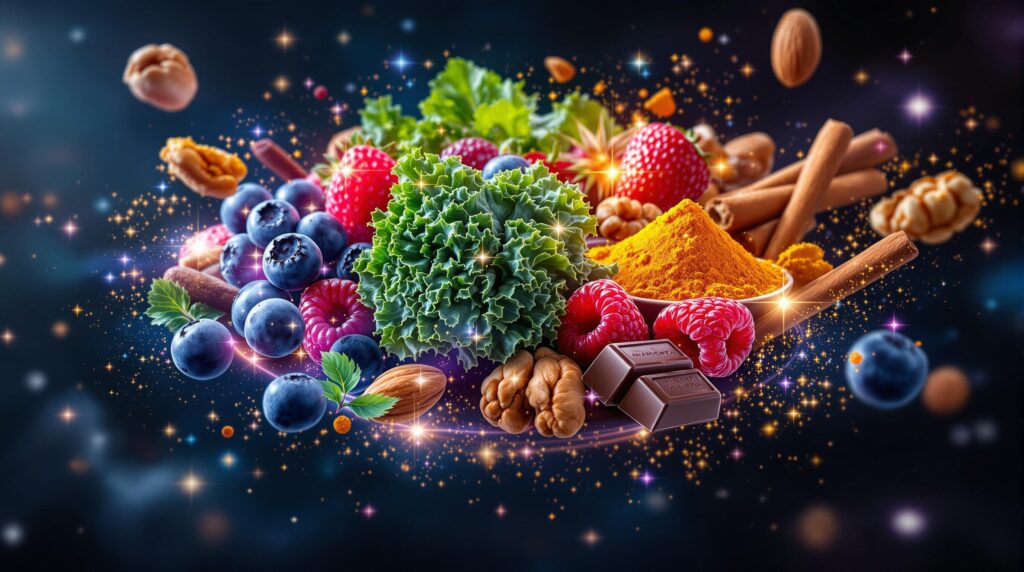 Leuchtende, antioxidative Superfoods schweben vor einem dunklen, kosmischen Hintergrund und symbolisieren Gesundheit und Zellschutz.