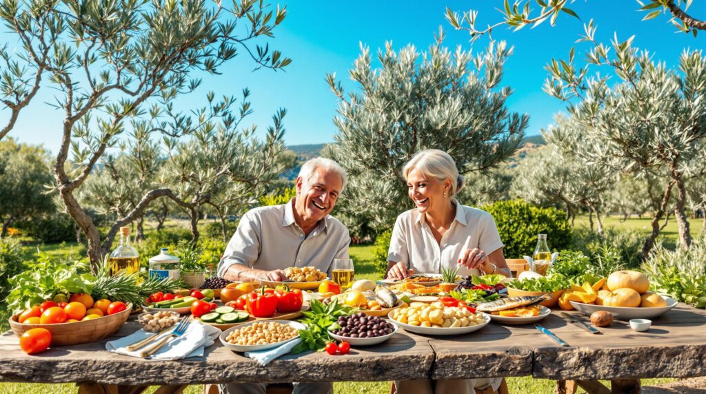 Ein älteres Paar genießt eine superfoodreiche mediterrane Mahlzeit in einem Garten, umgeben von Gemüse und Sonnenlicht.