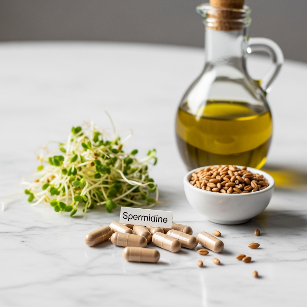 Spermidin ist vitalisierend, mit olivenöl und auch als supplement. symbolbild.