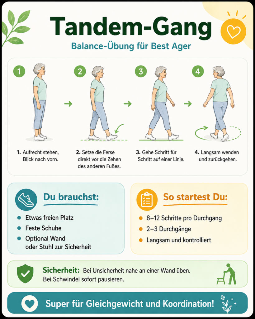 Tandem Gang für Balance, Übungskarte. KI Visual. 