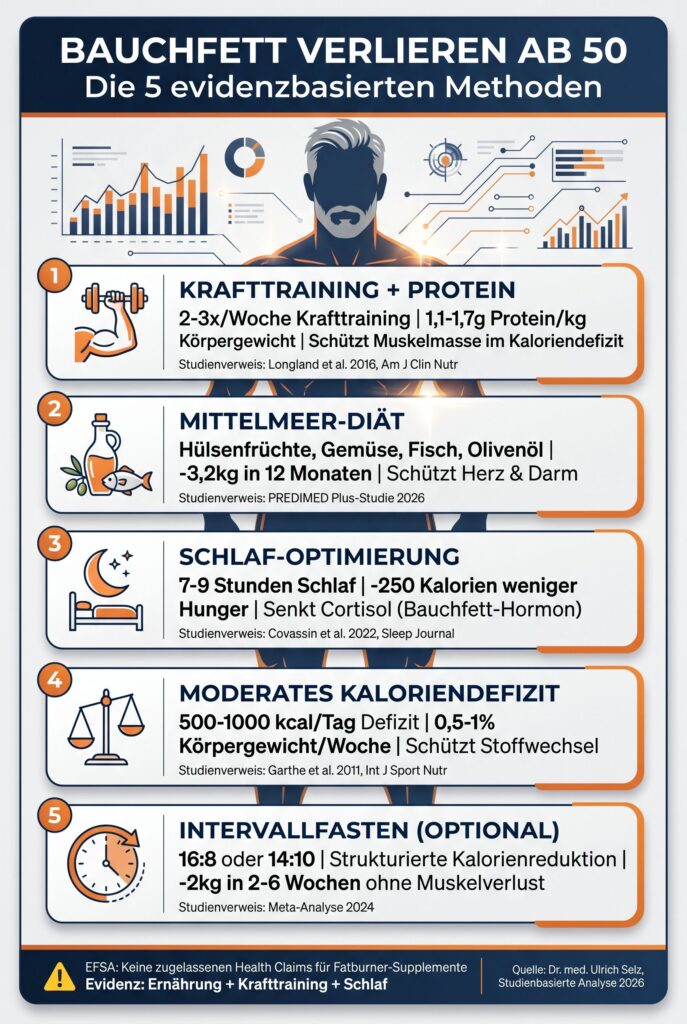 Bauchfett verlieren Infografik. KI Visual. 