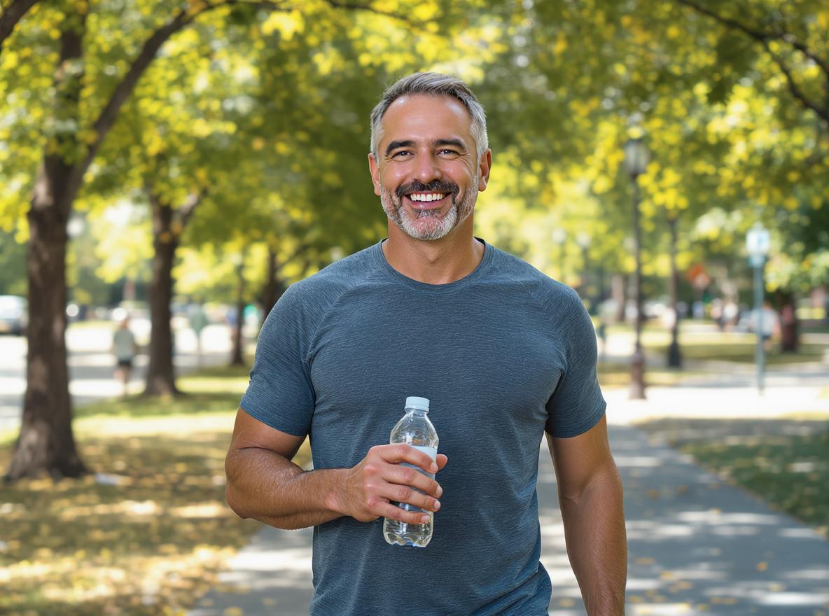 Sportlicher Mann über 50 lächelt nach Workout im Park.Symbolbild für Motivation, Energie und Erfolg durch Intervallfasten.
