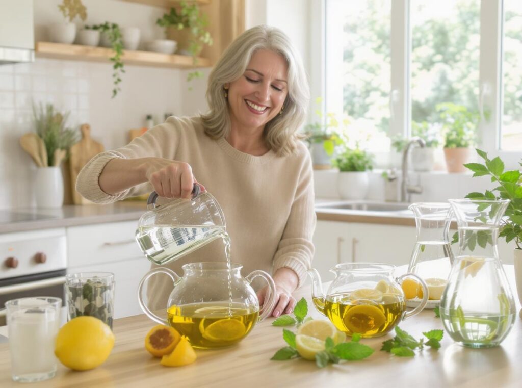 Frau über 50 gießt Wasser ins Glas, neben Kräutertee mit Zitrone, symbolisiert genug Wasser trinken Hydration und gesunde Fastenzeit.