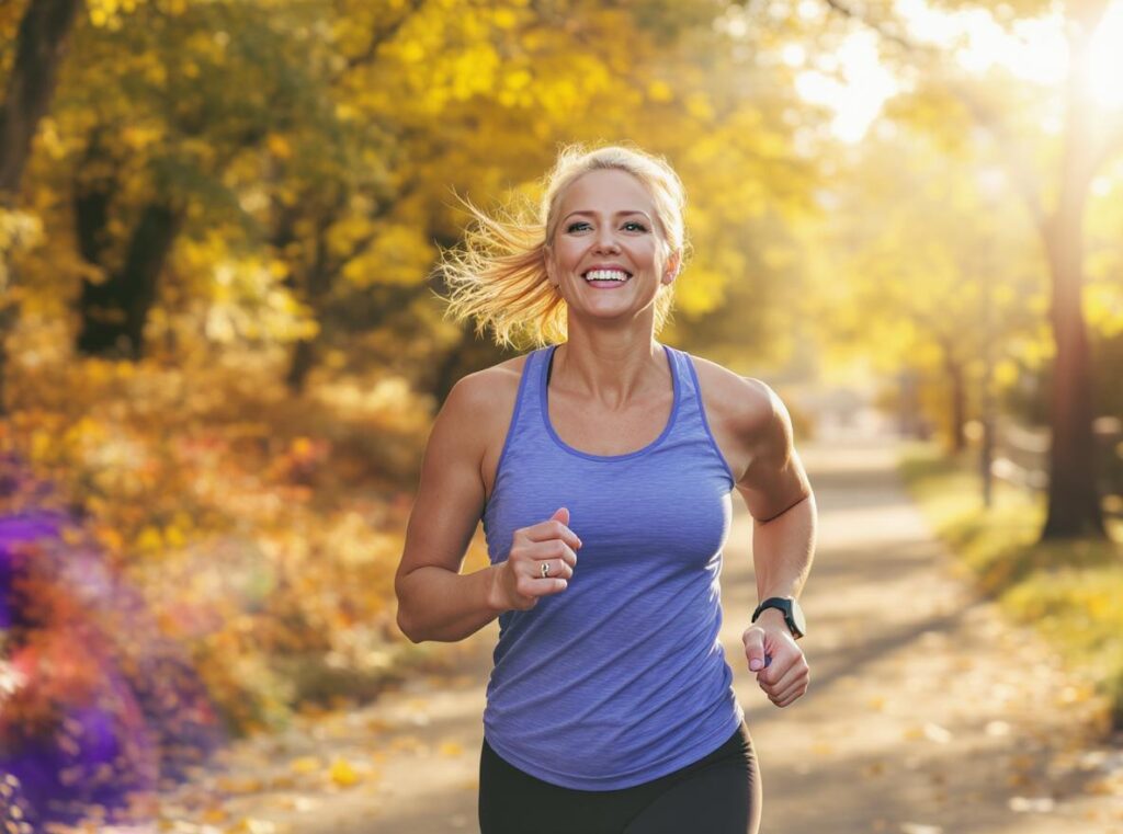 Sportliche Frau über 50 joggt lächelnd im Park, symbolisiert Hormonbalance, Lebensfreude und Wohlbefinden durch Intervallfasten.