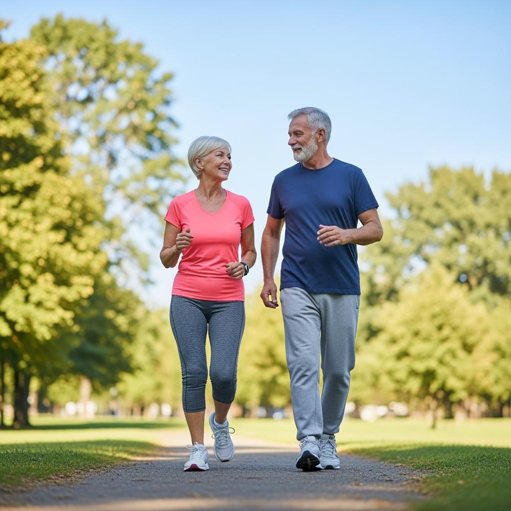 Älteres, sportliches Paar spaziert lachend im Park, symbolisiert Gesundheit, Lebensfreude und aktives Altern durch Intervallfasten und Sport.