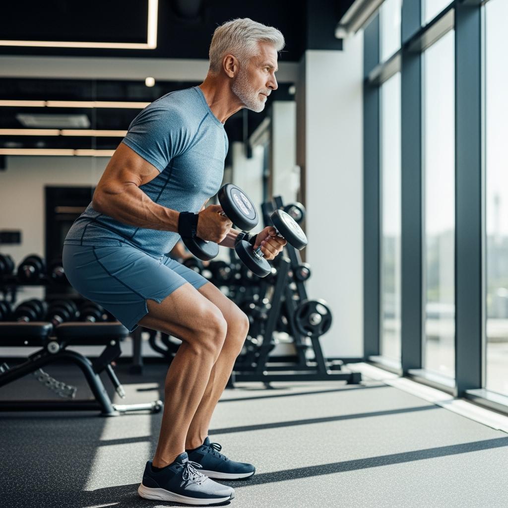 Älterer Mann trainiert mit Hanteln im Fitnessstudio, zeigt Muskelkraft und Entschlossenheit beim Intervallfasten für Muskelaufbau und Gesundheit im Alter.