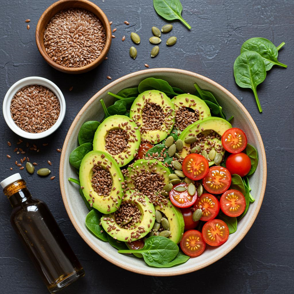 Leinsamen mit viel Tomaten und Avocados ist ein gesunder Genuss