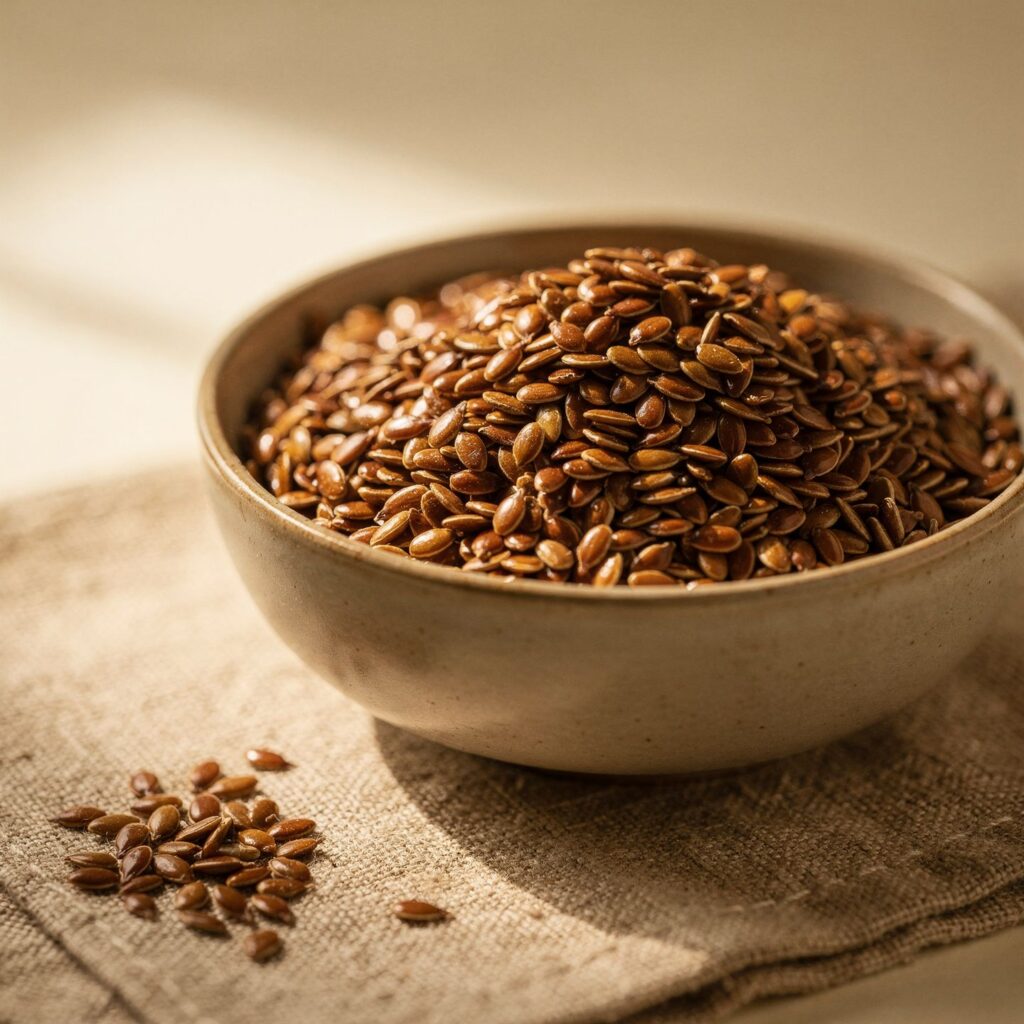 Leinsamen mit Lignane schmecken köstlich als Topping bei Joghurt. KI Visual.