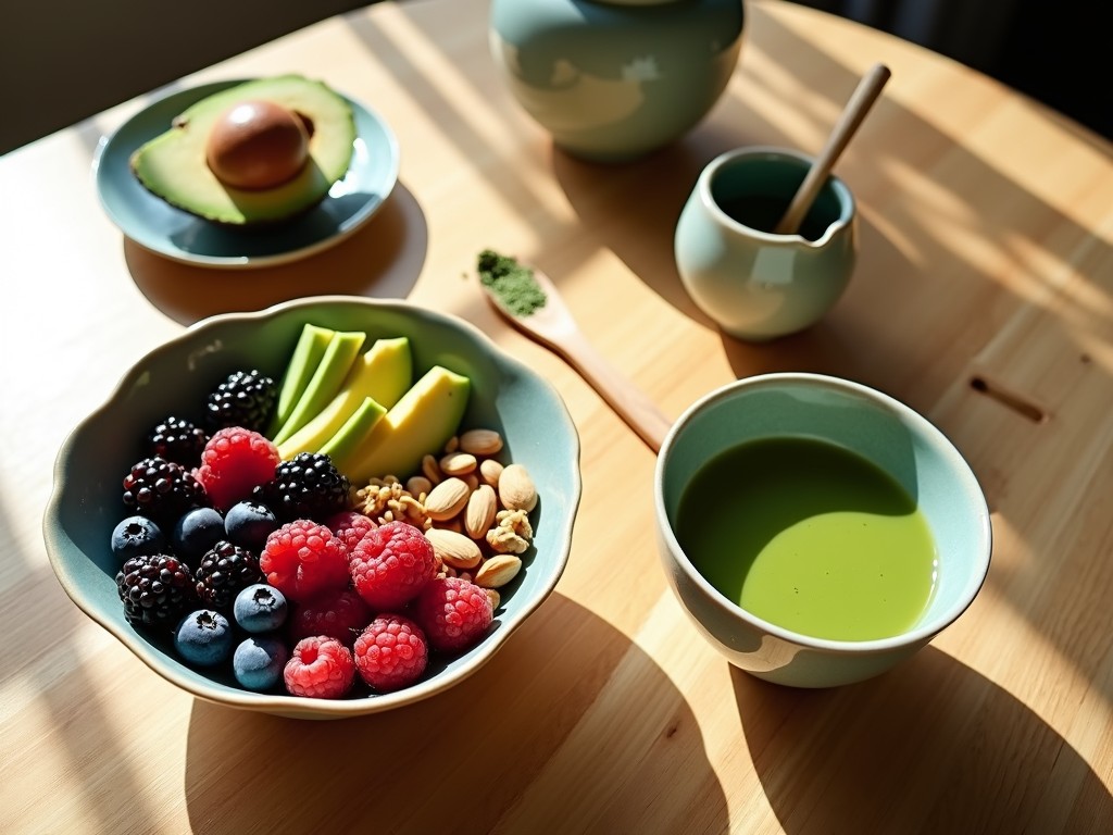 Matcha Tee; Blaubeeren Und Nüsse Zum Frühstück Geben Energie Für Den Ganzen Tag.