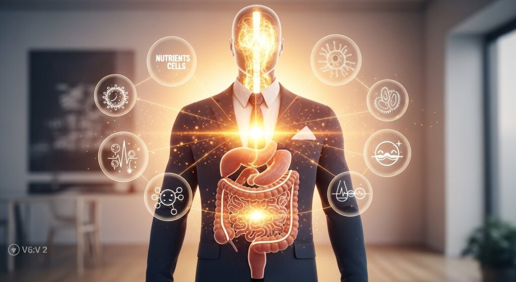 Visualisierung des menschlichen darms als kultivierter gentleman. er strahlt von innen heraus und erhält unsere gesundheit.