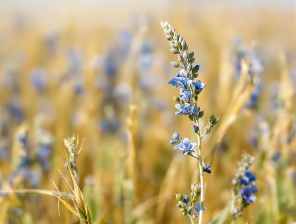 Blühende Leinpflanze auf Feld – Ursprung der Leinsamen in Naturaufnahme.
