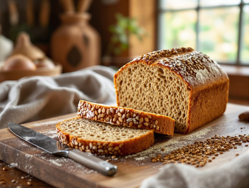 Frisches Vollkornbrot mit Leinsamen – bäuerlich, rustikal präsentiert, zum gleich Essen.