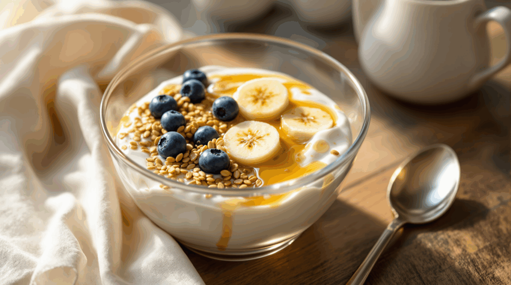 Frühstück mit Joghurt, Früchten und Leinsamen – gesund und appetitlich angerichtet.