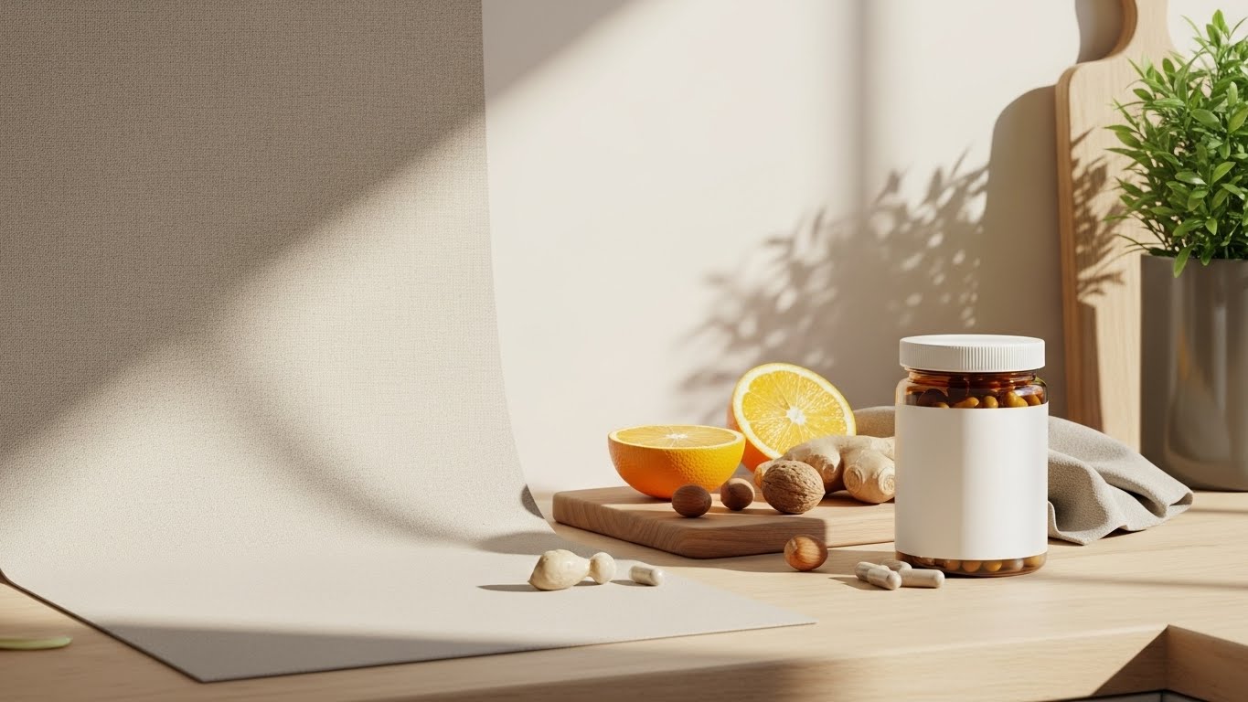 Immunbooster Kombination aus Supplement und Nährstoffen. Symbolbild.