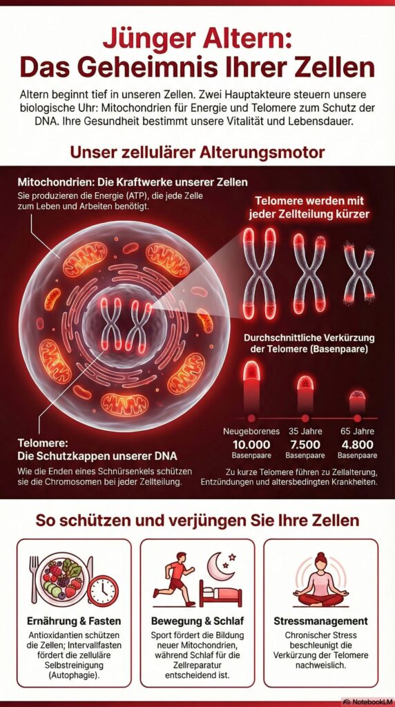 Zellgesundheit Altern startet in unseren Zellen. Infografik. 
