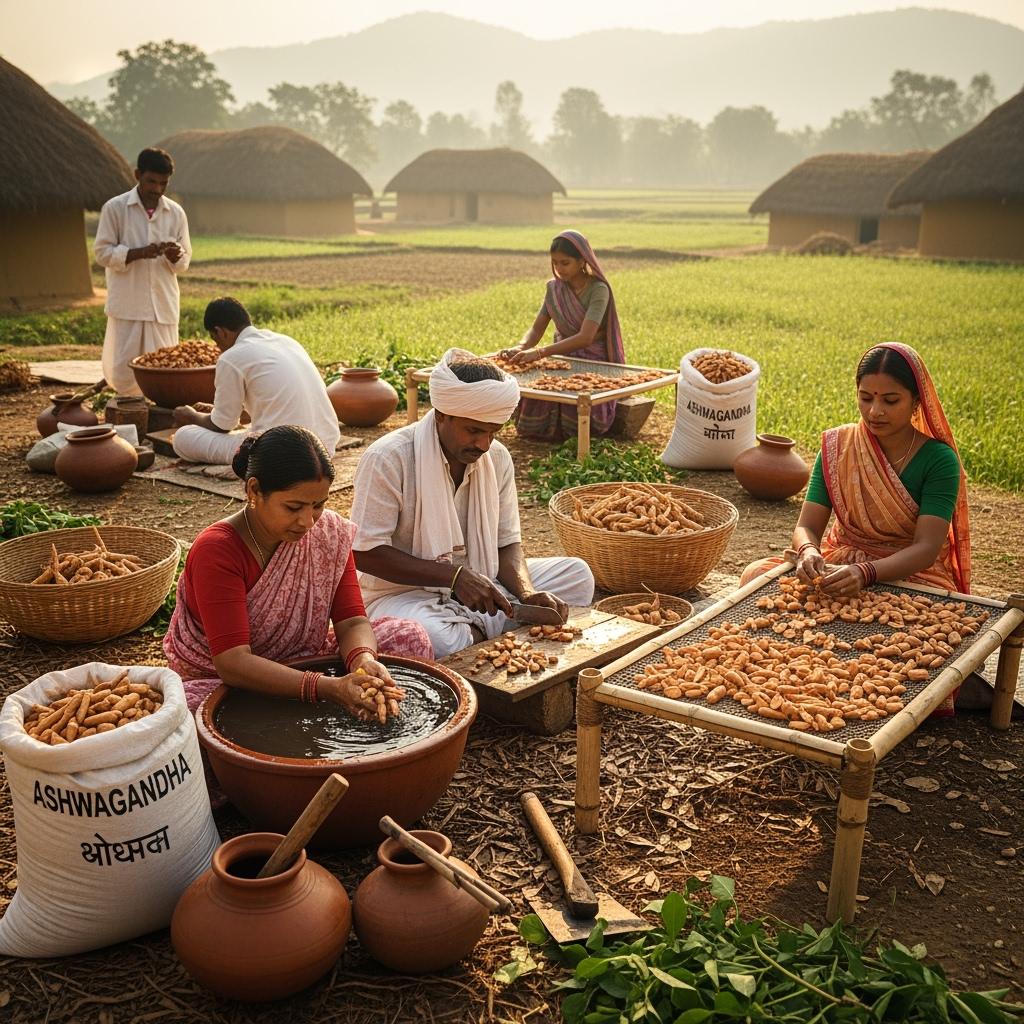 Ashwagandha Verarbeitung traditionell in einem Dorf in Indien. Symbolbild.