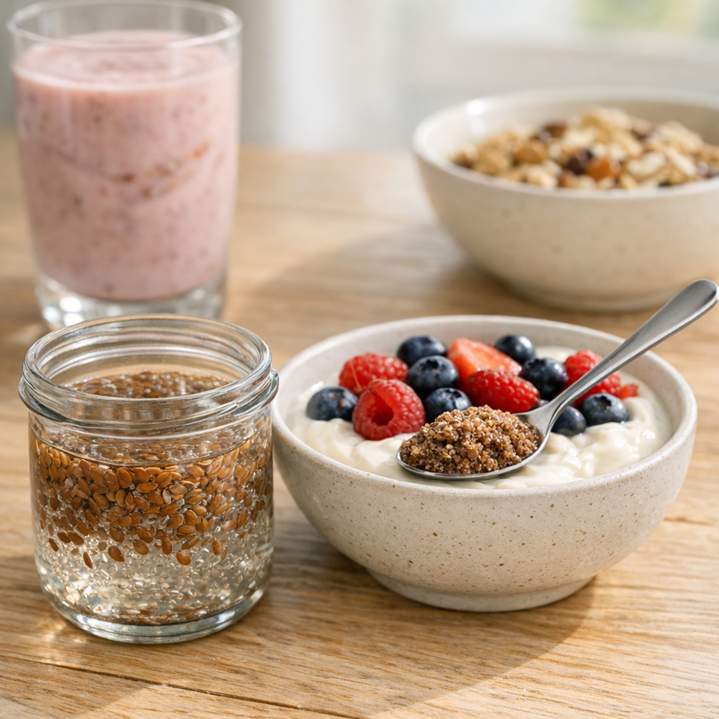 Leinsamen geschrotet als Topping mit Joghurt schmeckt köstlikch. Symbolbild.