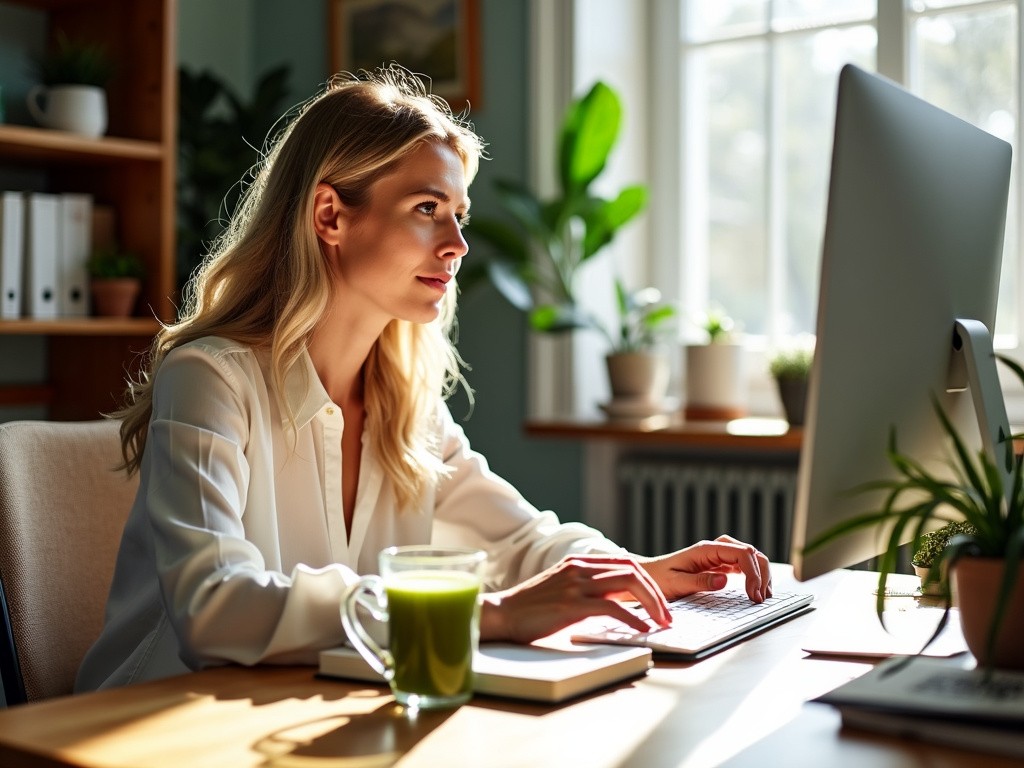 Matcha Tee Dame Arbeitet Fokussiert Aufgrund Von L Theanin