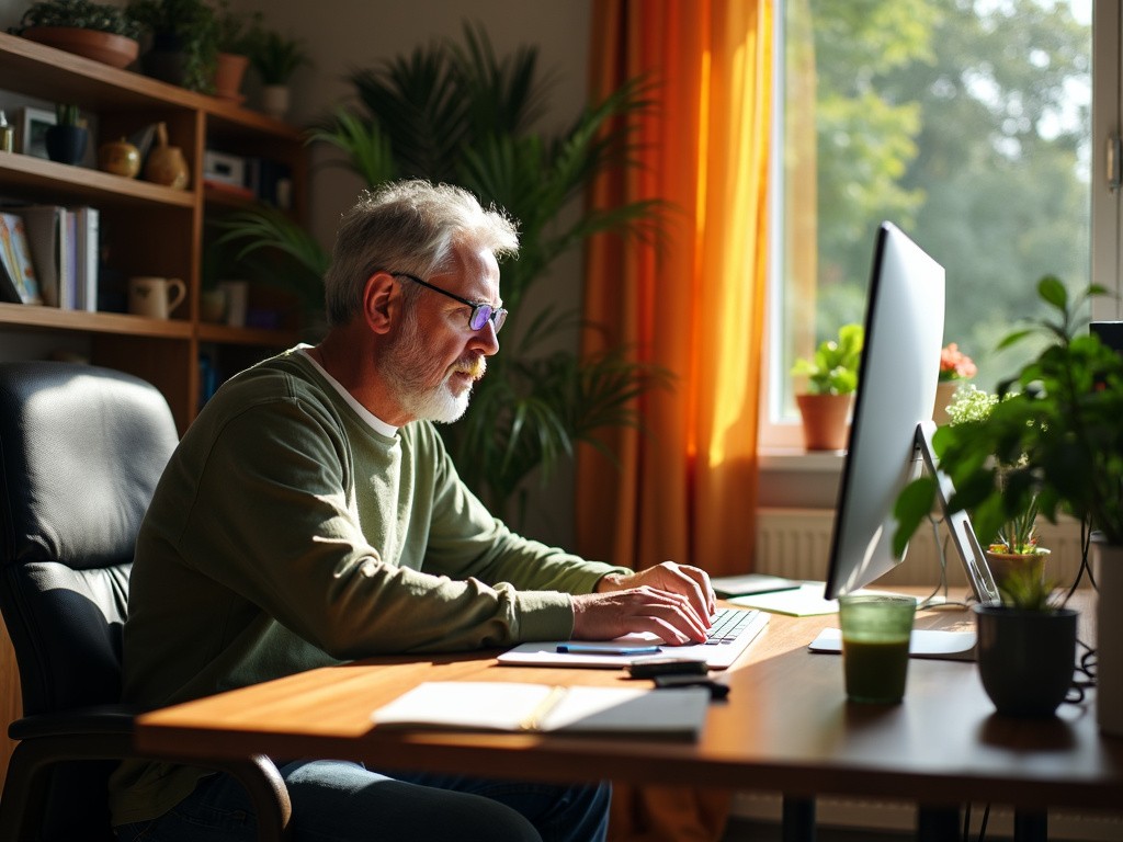 Matcha Tee Mann Homeoffice, Täglich Matchatee Trinken Für Konzentriertes Arbeiten Am Computer