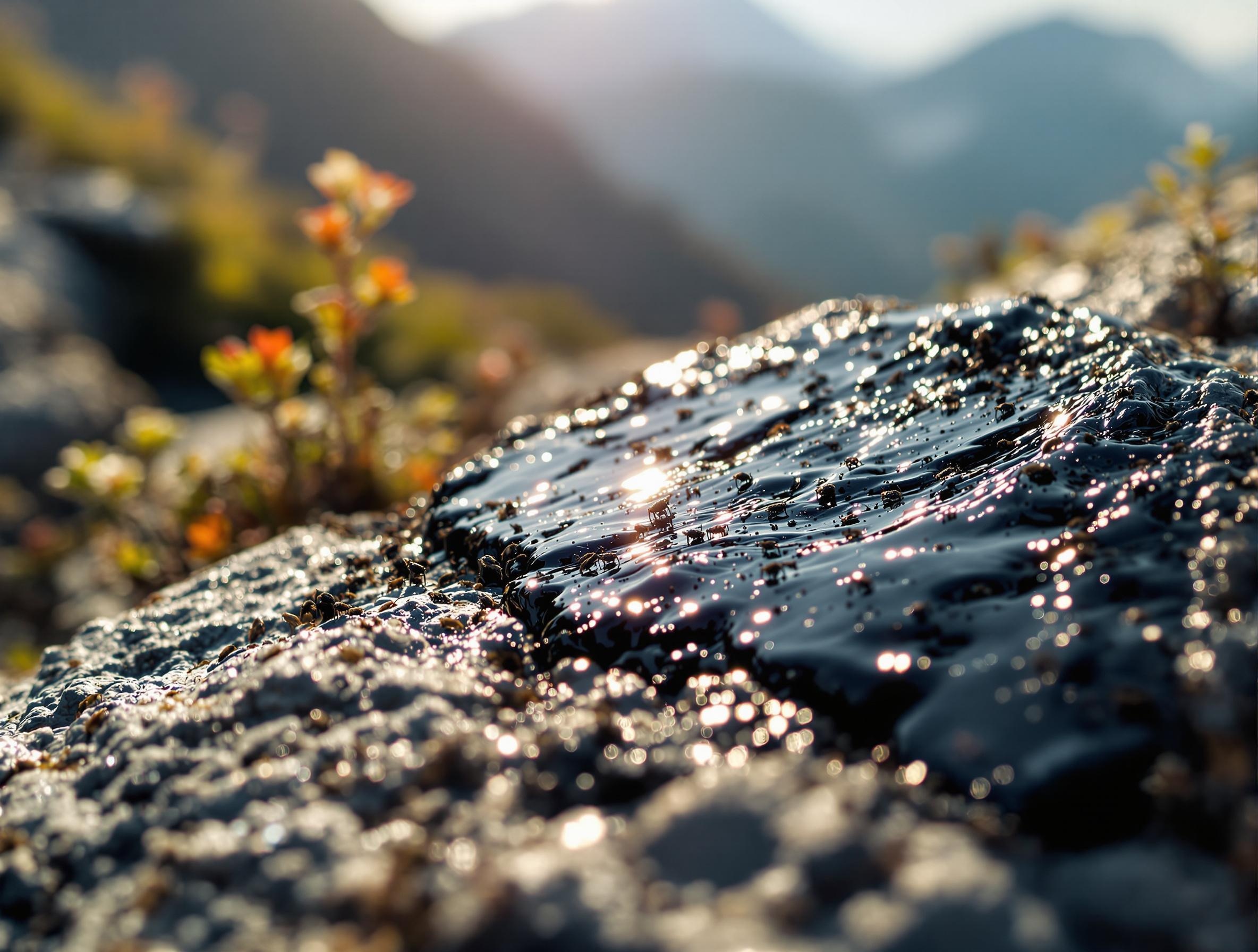 Shilajit exsudat im sommer im himayla das schwarez gold. symbolbild.