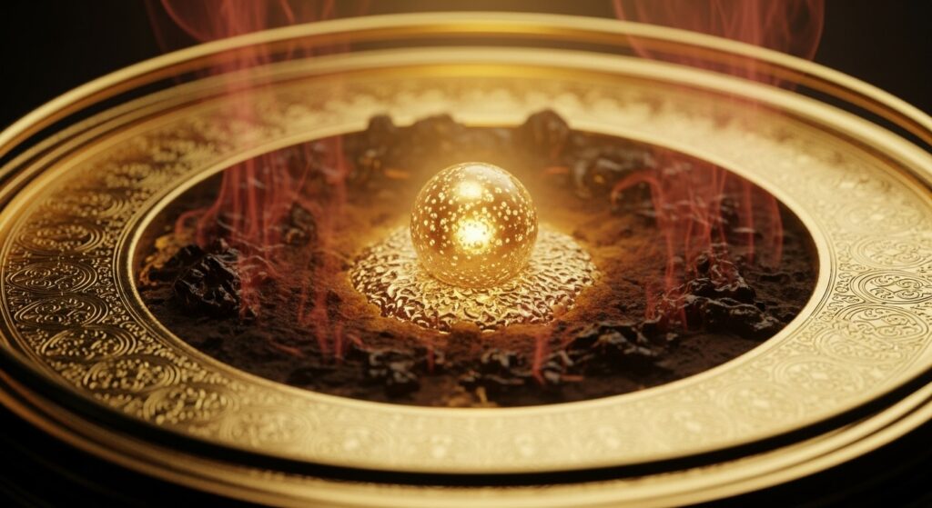 Shilajit. eine goldene schale, die eine einzelne goldzelle nährt, die das erdige aroma von shilajit verströmt. visual.