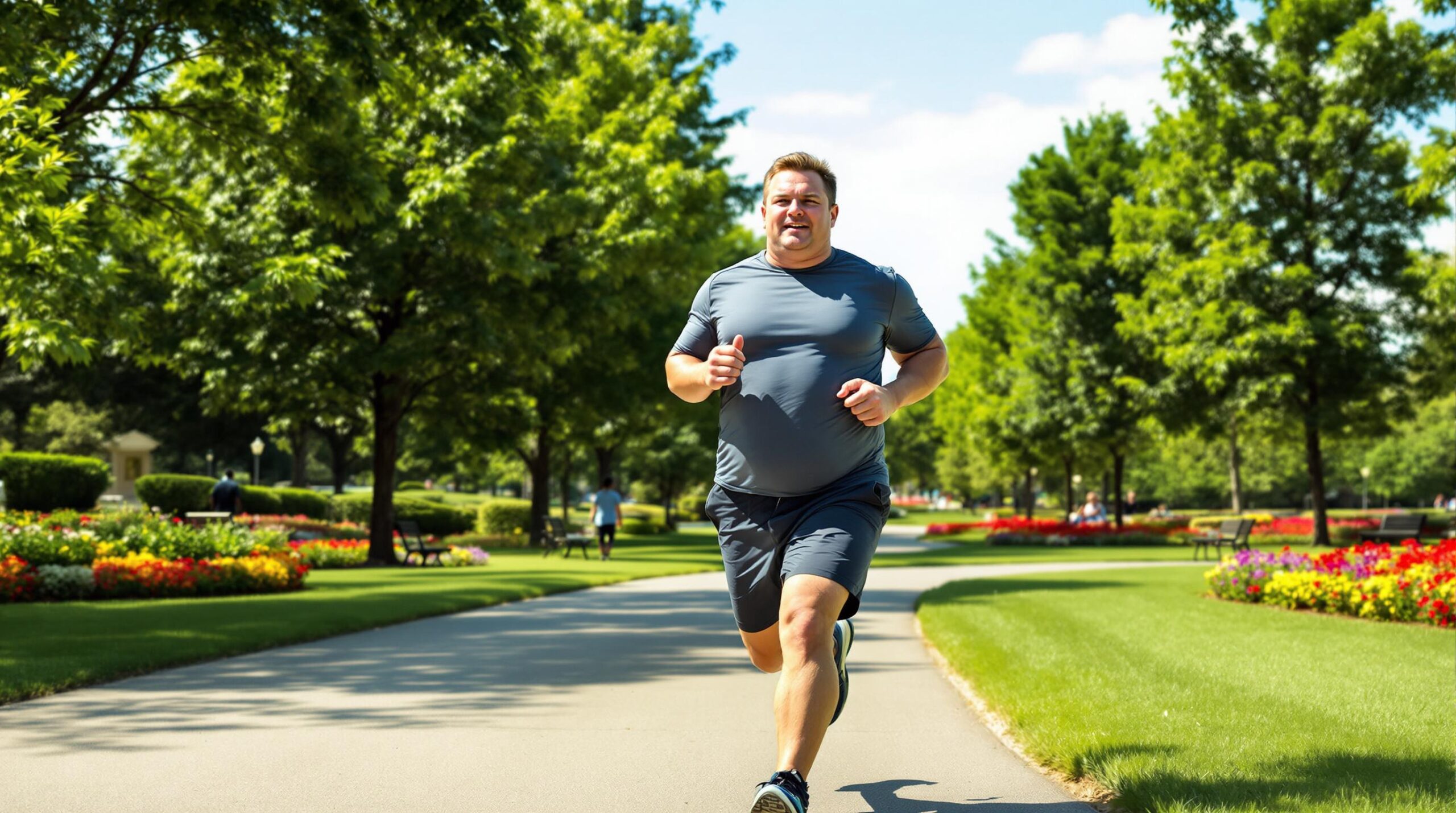 Mann gut gelaunt und motiviert, mit Bauchfett joggt im schönen, grünen Park zur Gewichtsreduktion