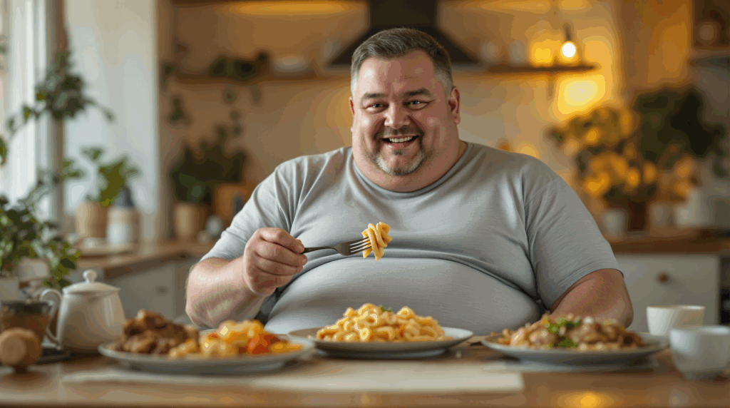 Mann mit Bauchfett isst entspannt am Esstisch. Er genießt das schmackhafte Essen, in nächster Zeit möchte er aber ein paar Kilos abnehmen. Symbolbild.