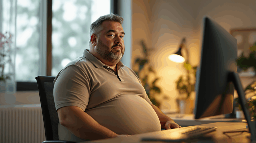 Mann mit Bierbauch und sichtbarem viszeralen Bauchfett arbeitet im Büro am Computer