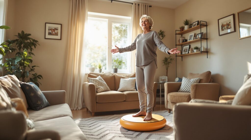 Eine ältere Dame nutzt das stylishe Balance-Board während ihres täglichen Trainings in einem gemütlichen Wohnzimmer.