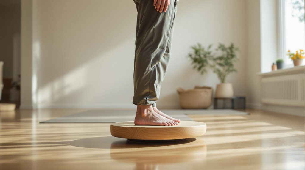 Training mit dem Balance Board fördert bei diesem älteren Herrn das Gleichgewichtsgefühl.