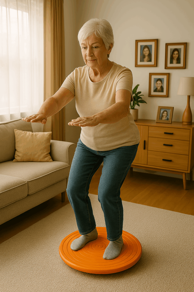 Mit diesem Balance Board übt diese fitte ältere Dame täglich zu Hause. Für Gleichgewicht und starken Rücken.