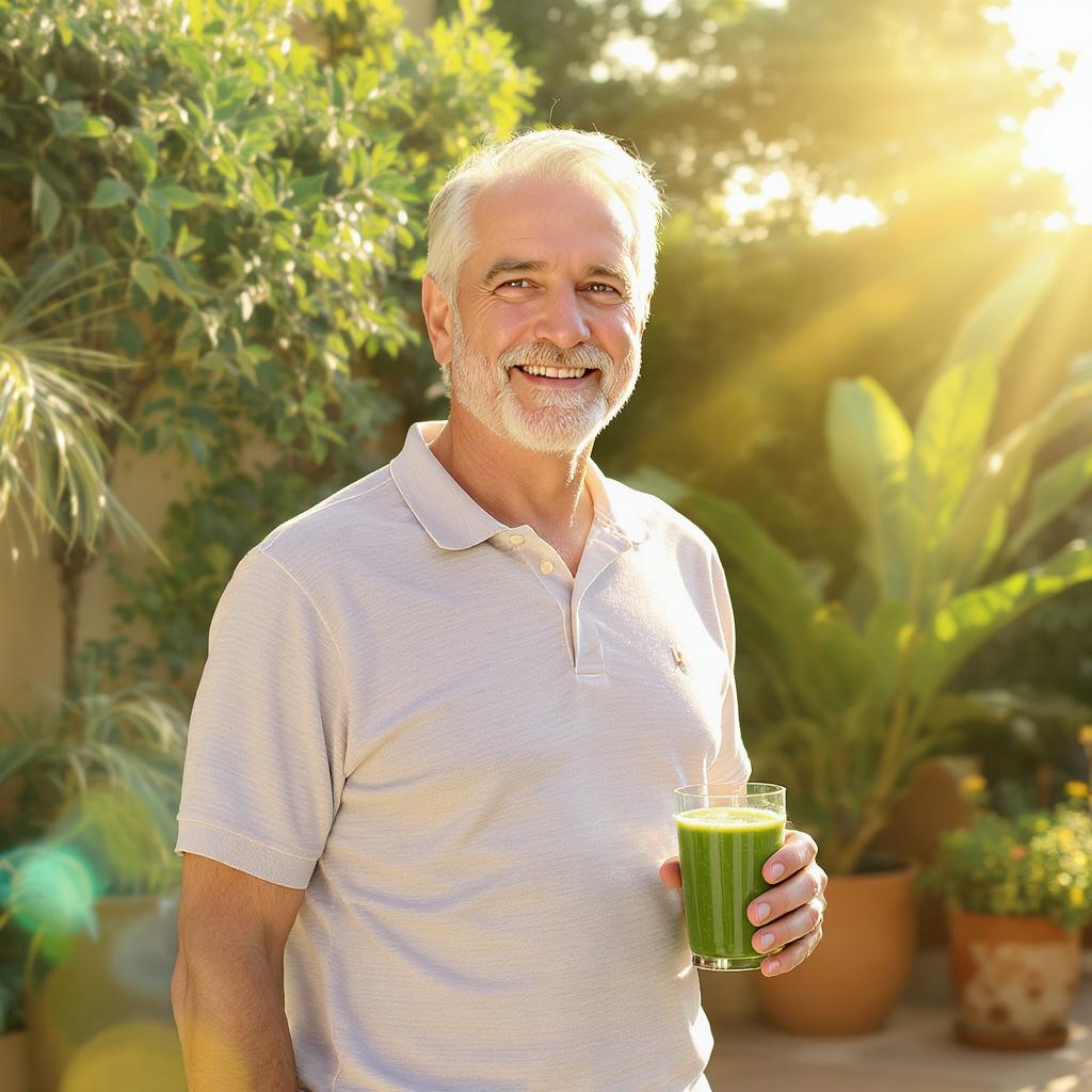 Biohacking mit premium matcha tee ist für diesen fitten 60 jährigen ein tägliches gesundheitsritual. symbolbild.