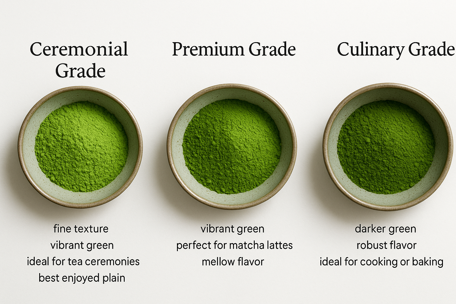 Matcha drei Qualitätsstufen auf einen Blick. Symbolbild. 