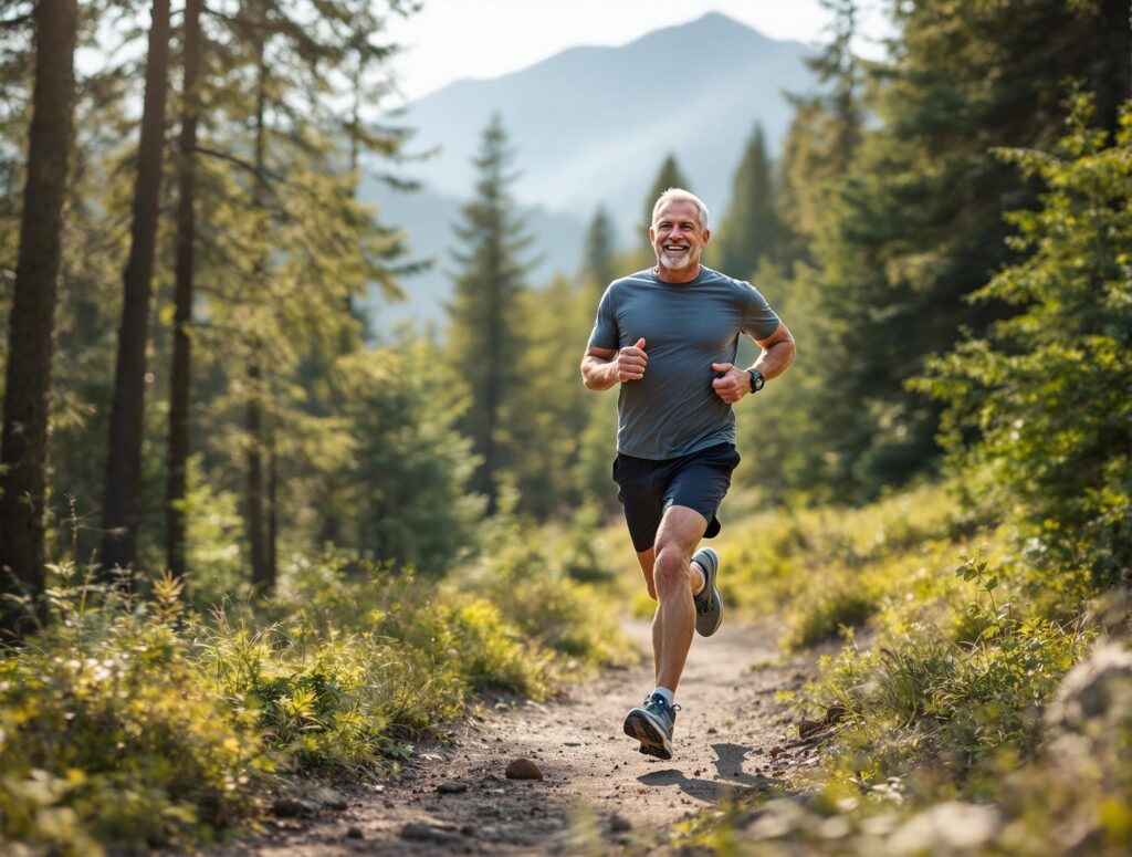 Mit starkem herzen durchs leben. wie dieser fitte ältere Trailrunner. Shilajit stärkt das Herzkreislaufsystem auf natürliche weise.