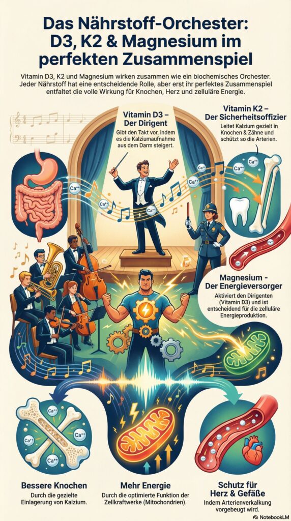 Vitamin D3 K2 und Magnesium als Infografik für Gesundheit. Google NotebookLM