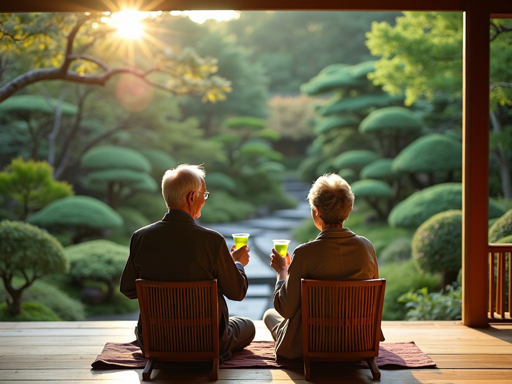 Matcha Tee Genießen Wie Dieses ältere Paar In Einem Zen Garten Und Gesund Bleiben