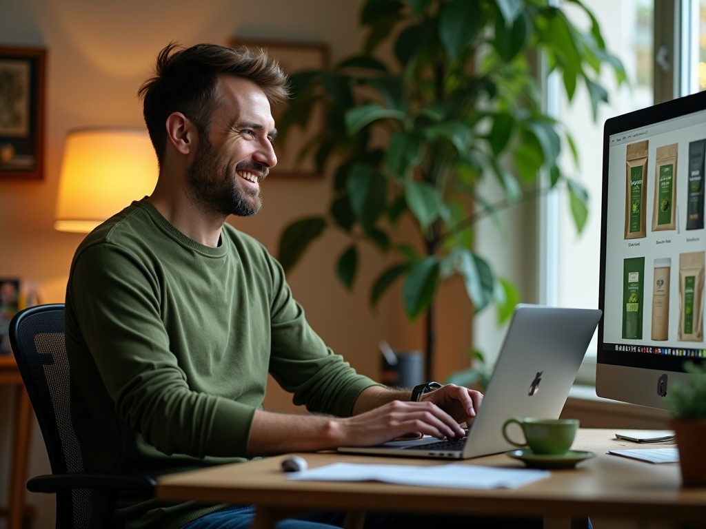 Matcha Tee Kann Online Einfach Bestellt Werden, So Wie Dieser Mann Im Hommeoffice Gerade Einen Premium Grade Aussucht