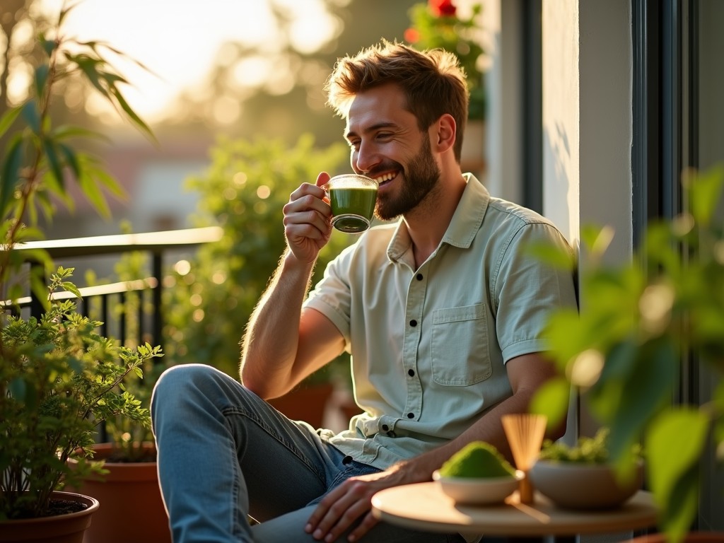 Matcha Tee Sorgt Für Wohlbefinden Bei Diesem Sportlichen Mann Auf Seiner Schönen Terrasse