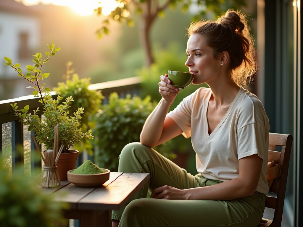 Matcha Tee Trinken Auf Der Terrasse Und Diese Junge Dame Hält So Ihre Traumfigur